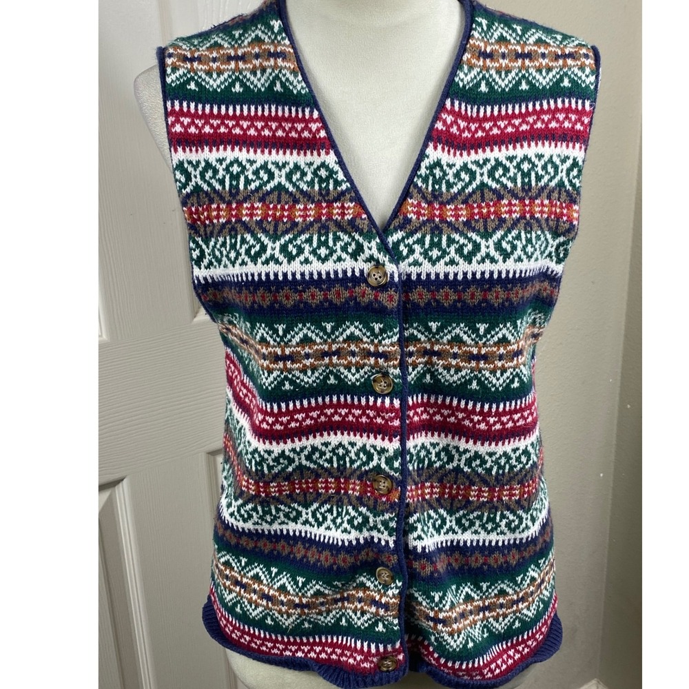 Nuggets Fair Isle Sweater Vest Colorful Knit Sleeveless Top Striped Back Retro M
